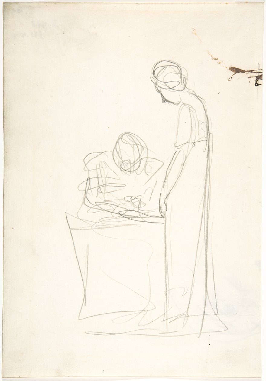 Studie af to figurer: den ene siddende, den anden stående (recto). Studie af et hoved, der ser opad (verso) af George Romney