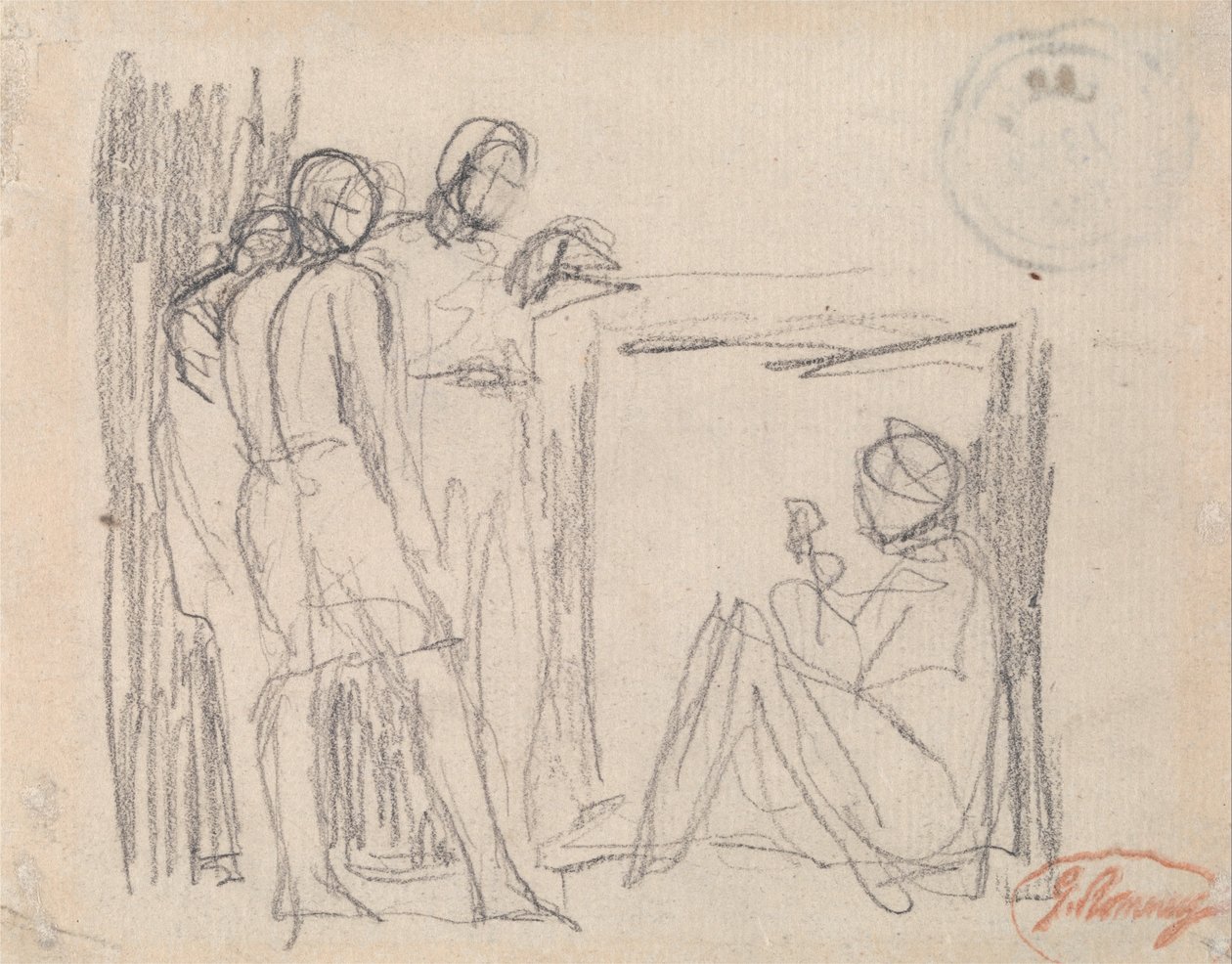 Tre stående figurer foran en siddende figur af George Romney