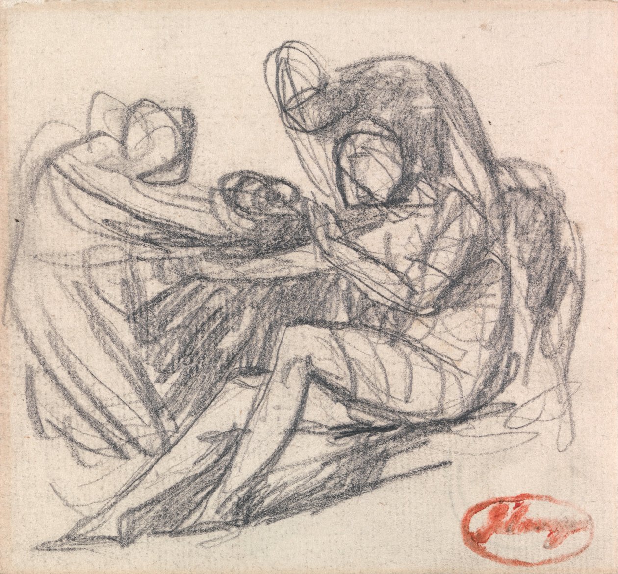 To figurer hjælper en siddende figur af George Romney