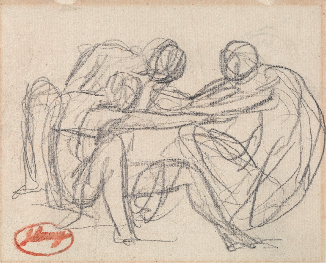 To knælende figurer kæmper med en siddende figur af George Romney