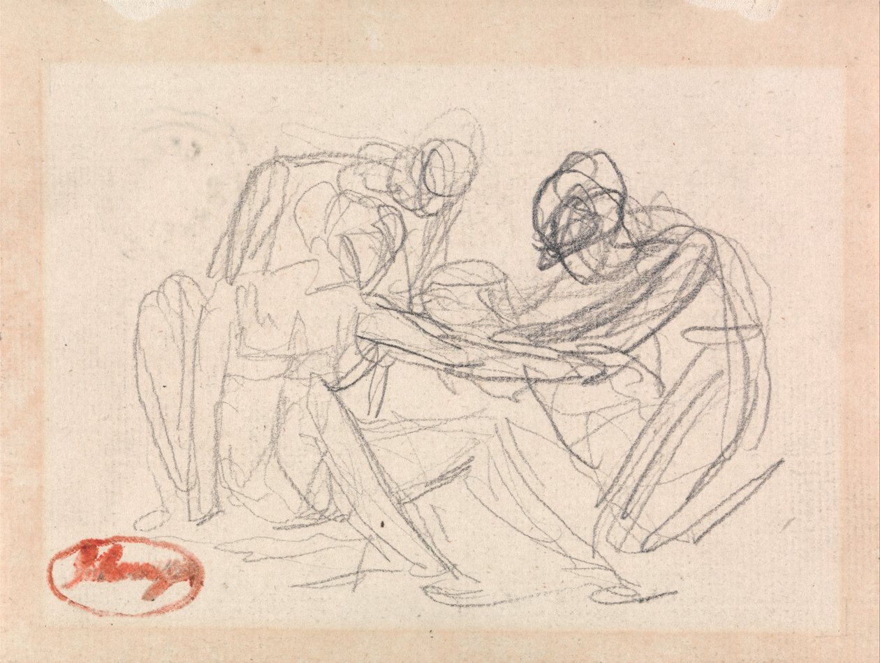 To knælende figurer foran en siddende figur af George Romney