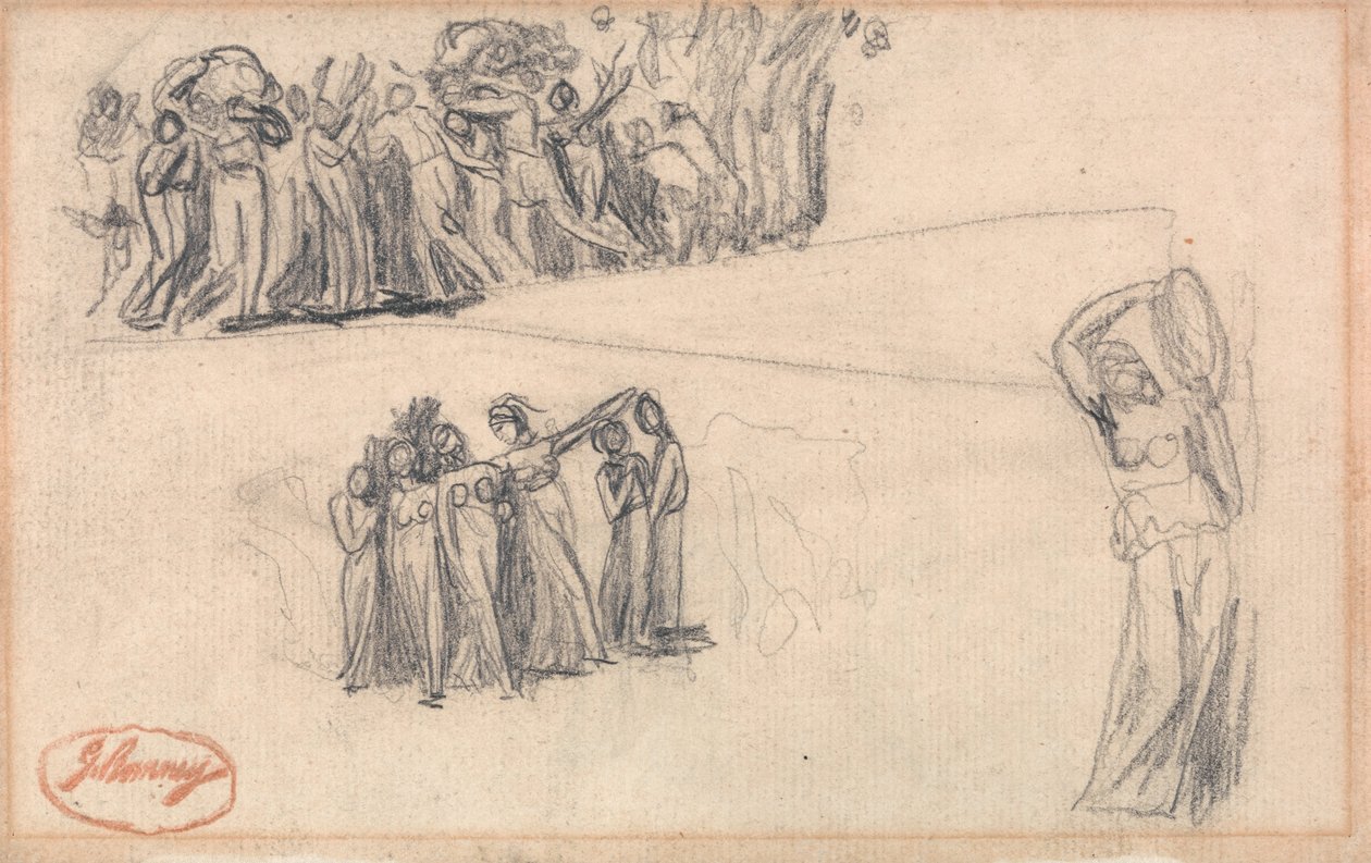 To skitser af kvinder og børn på flugt og en stående kvindefigur, der spiller tamburin som i Lady Anne Levesons "Dancing Gower Children". af George Romney