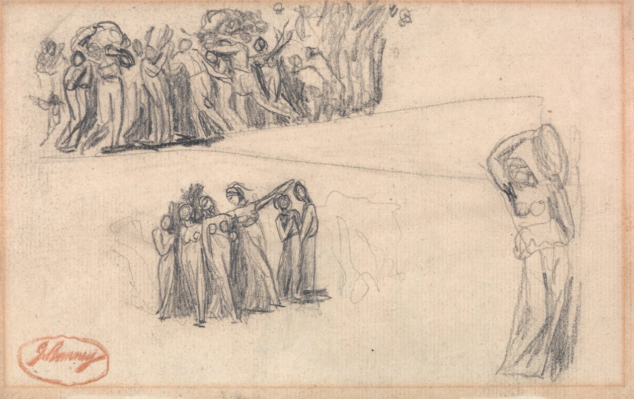 To skitser af kvinder og børn på flugt samt en stående kvindefigur, der spiller tamburin, som til Lady Anne Leveson i »Dancing Gower Children« af George Romney