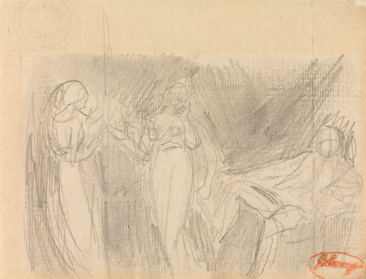 To kvinder og en siddende mand af George Romney