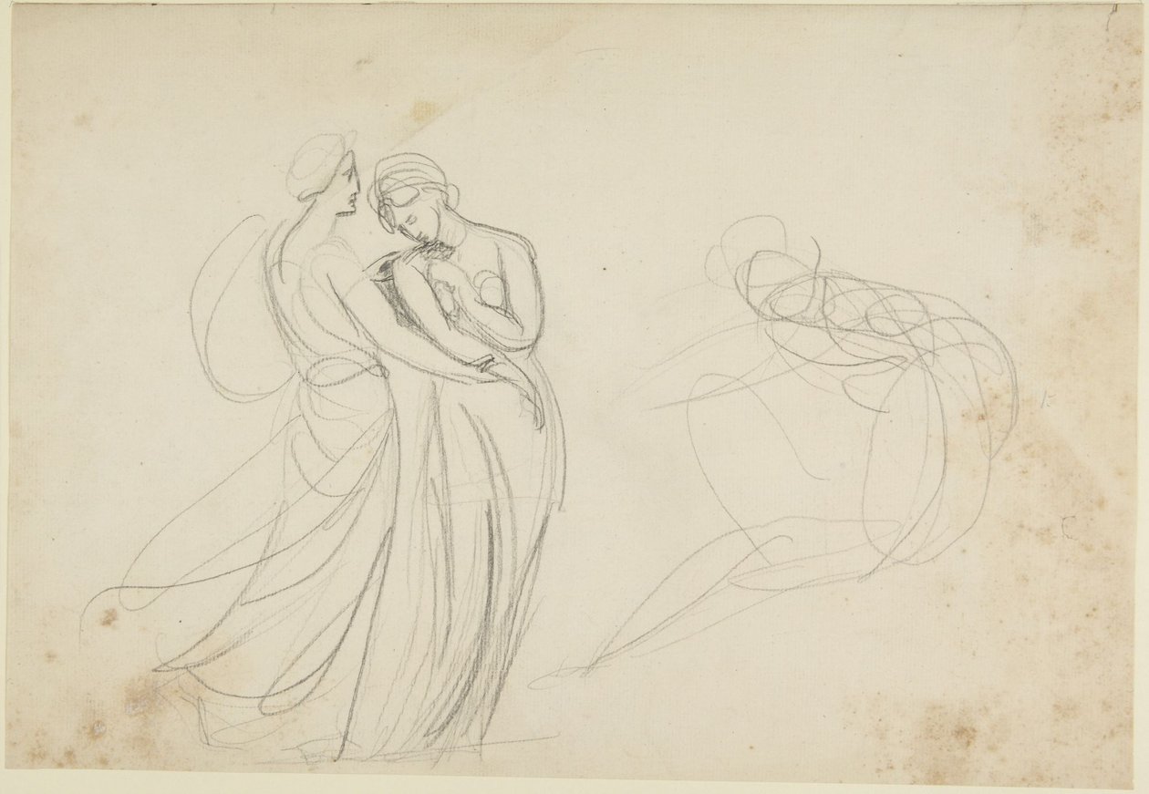 To kvindeskikkelser foran en siddende skikkelse, studie til »To piger, der konsulterer en spåkvinde« af George Romney