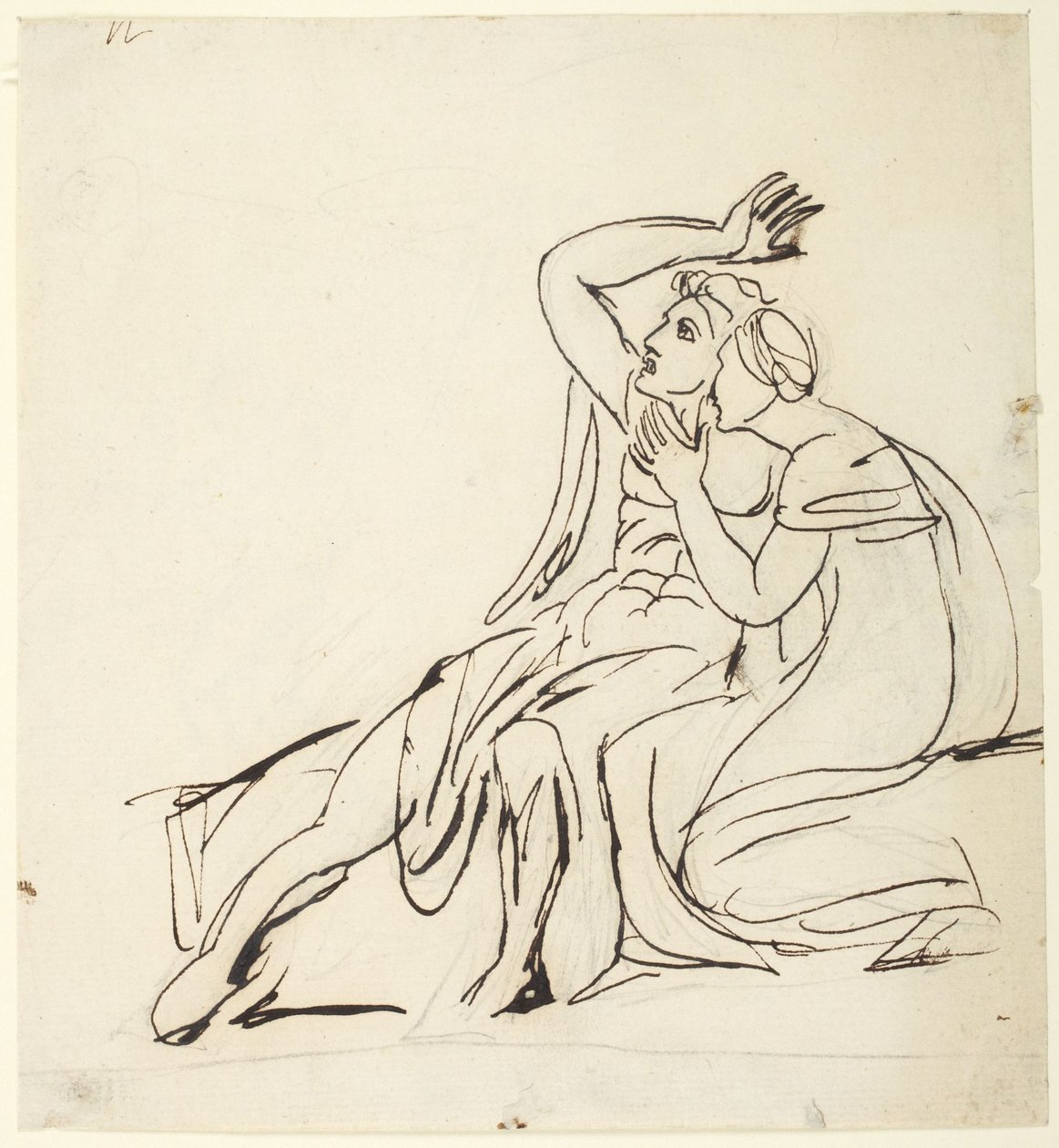 To siddende figurer; på bagsiden: studier af grupper med tre figurer af George Romney