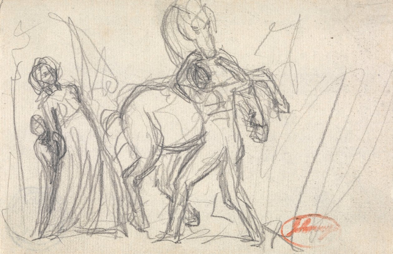 Uidentificeret motiv: Kvinde, barn, mand og hest af George Romney