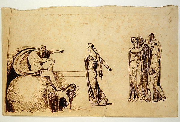 Zeus med andre mytologiske figurer (pen og blæk på papir) (se 270960 for recto) af George Romney