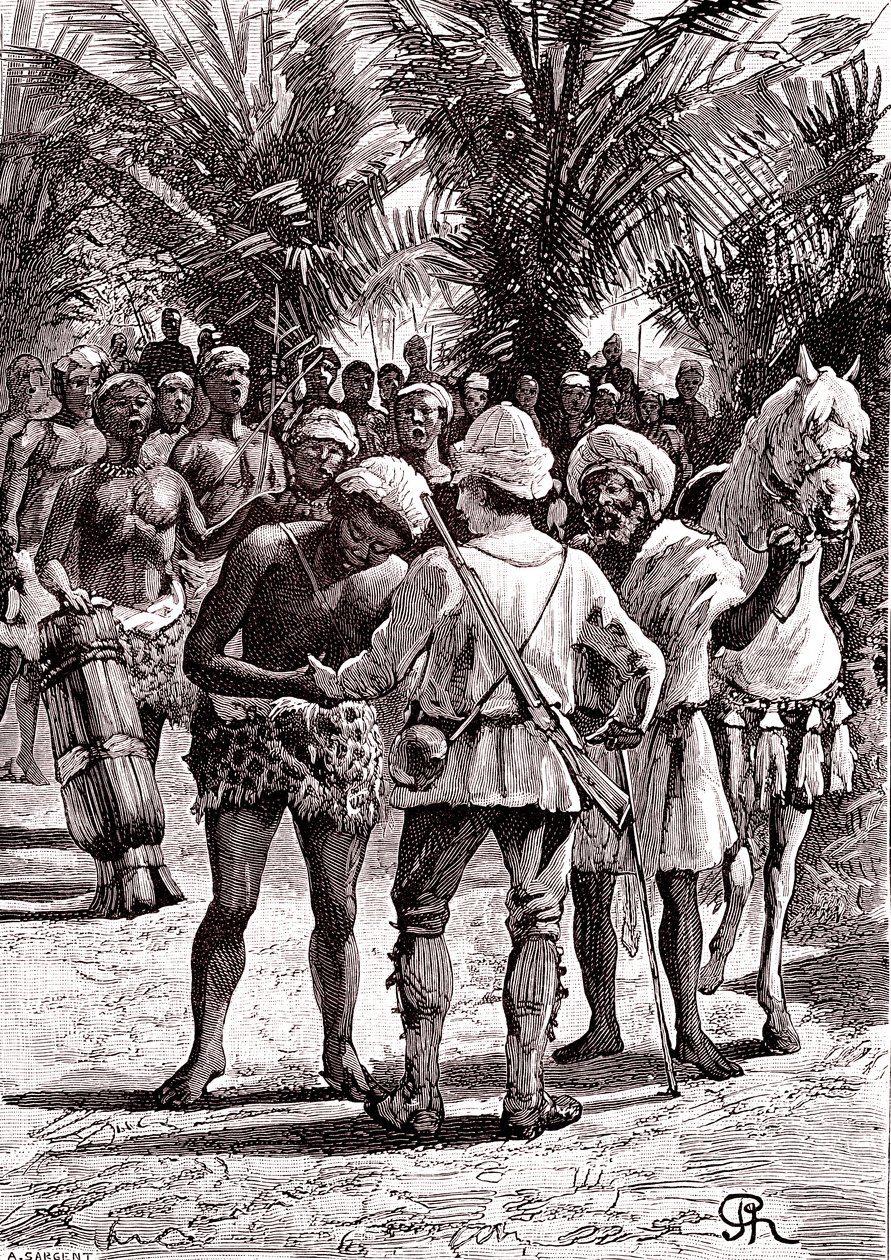 Udforsker i de store søer i Sudan. 1888 (gravering) af George Roux