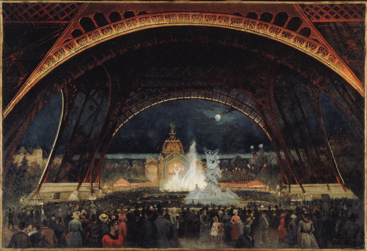 Natfest på Verdensudstillingen i 1889, under Eiffeltårnet, ca. 1889 (olie på lærred) af George Roux