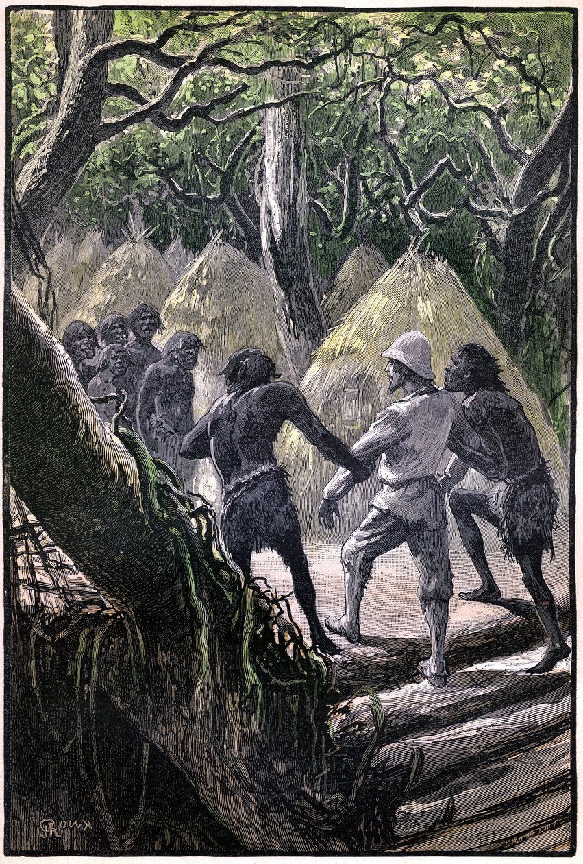Illustration af George Roux til Jules Vernes bog "The Aerien Village" (1901), Hetzel edition/Extraordinary Voyages, Known and Unknown Worlds. De opdagelsesrejsendes ankomst til landsbyen, der ligger i Wagddis-træerne (aber i den congolesiske skov). af George Roux