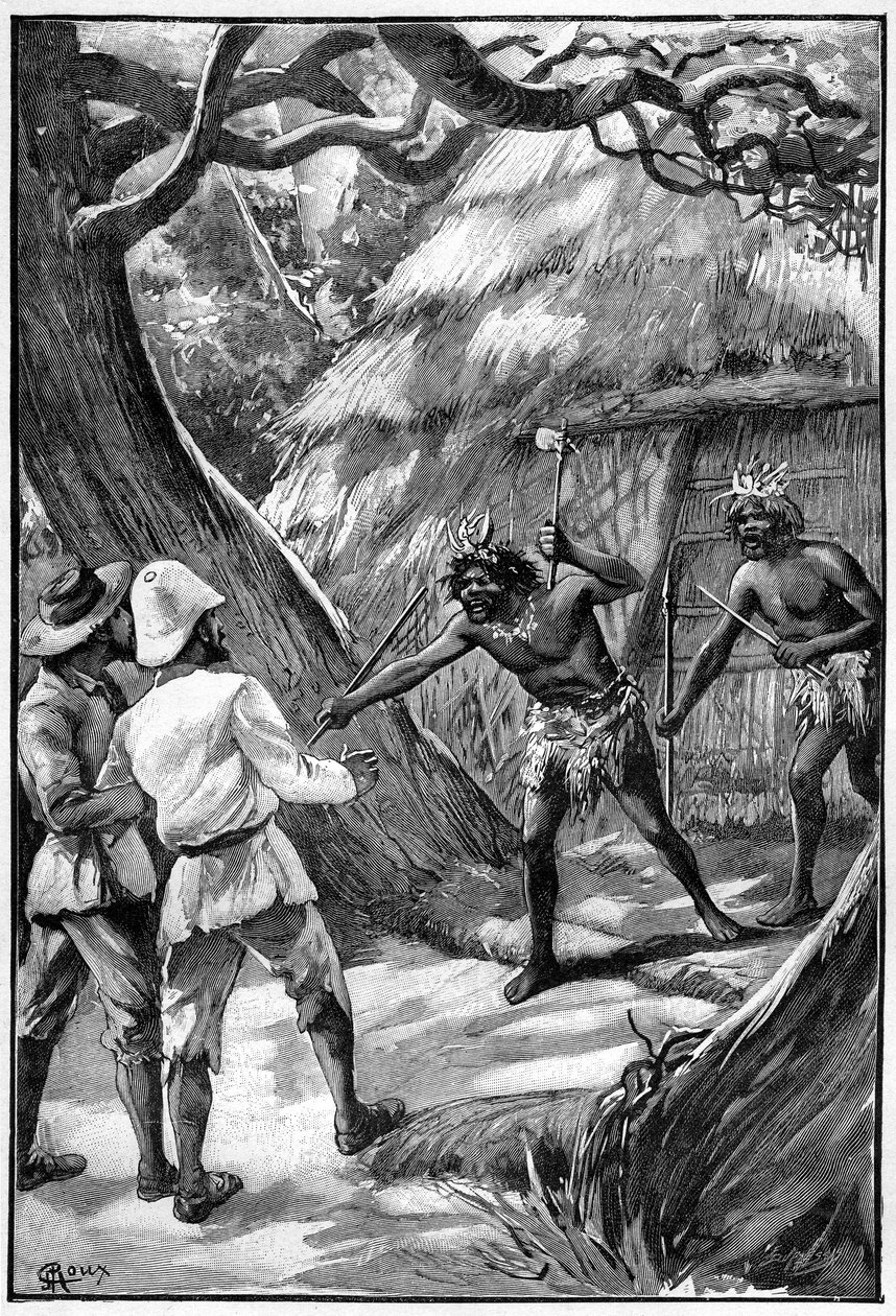 Illustration af George Roux til Jules Vernes bog The Aerien Village (1901), Hetzel edition/Extraordinary Voyages, Known and Unknown Worlds. To Wagdiss Sentinels truer opdagelsesrejsende med deres forgrenede våben af George Roux