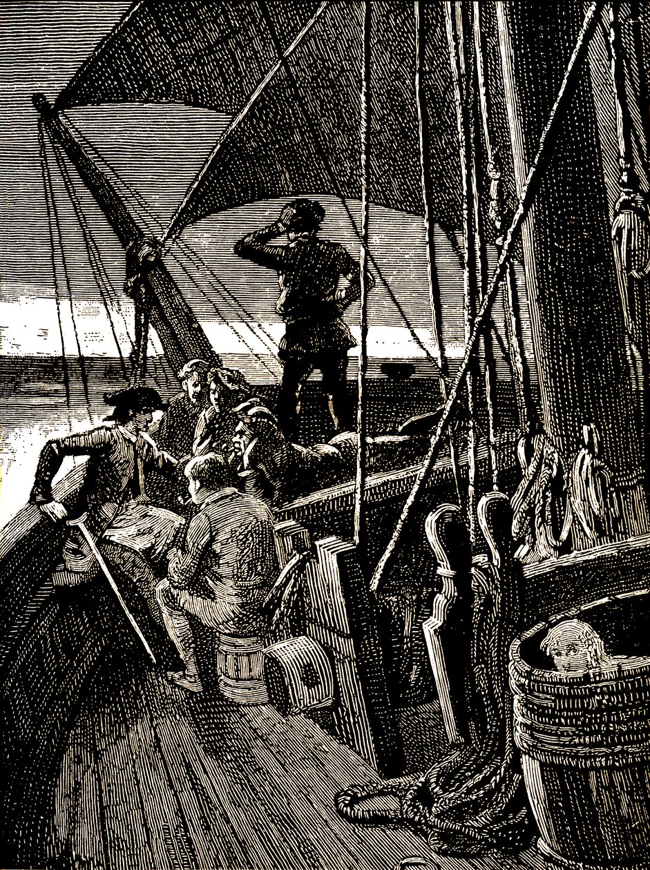 Jim Hawkins overhører en samtale, der afslører piraternes mytteri af George Roux