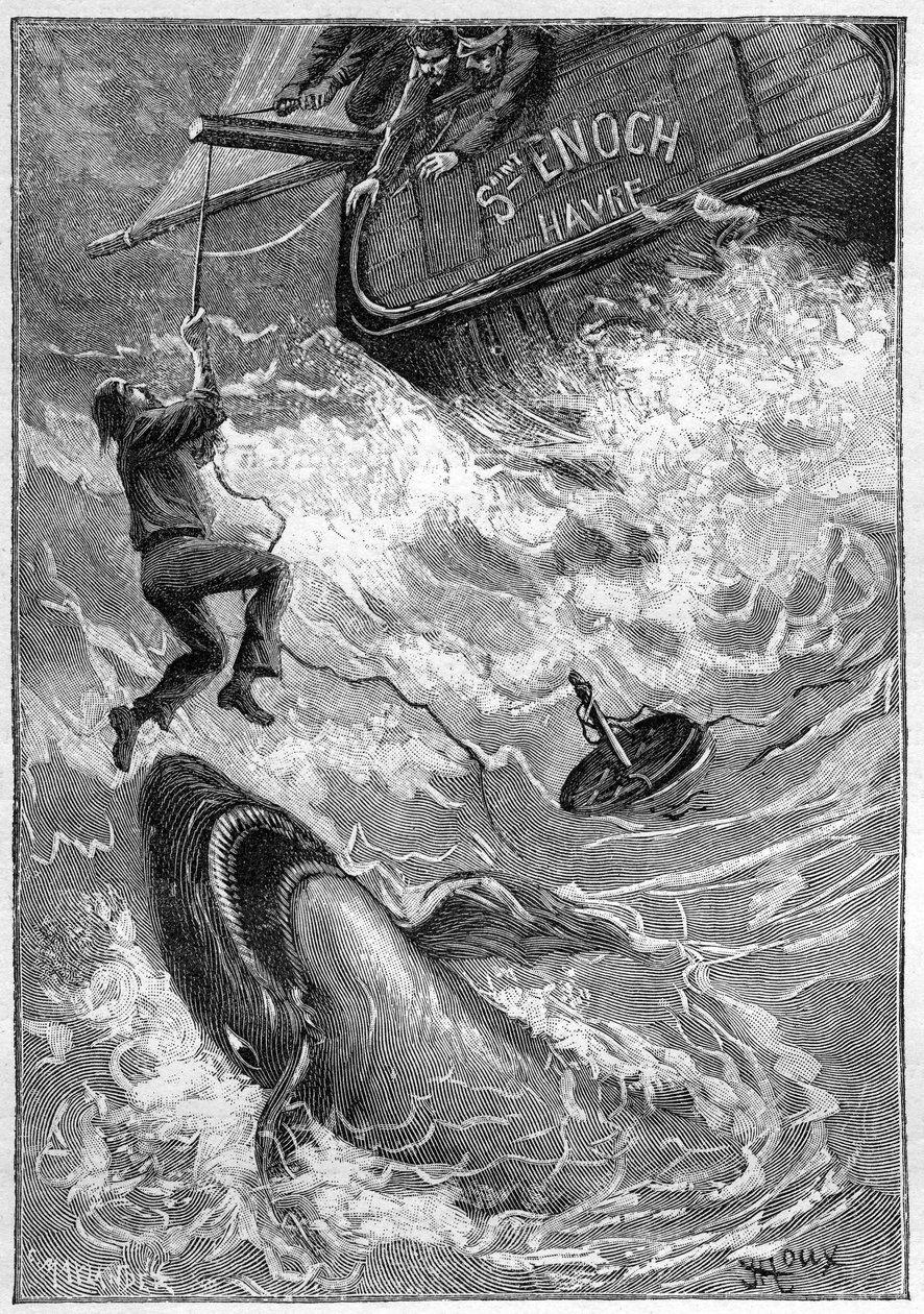 Jules Vernes roman "Les histoires de Jean-Marie Cabidoulin" (1901), Hetzel Collection/Extraordiaires, illustration af George Roux. "Maritim scene: sømand angrebet af haj i Stillehavet" af George Roux