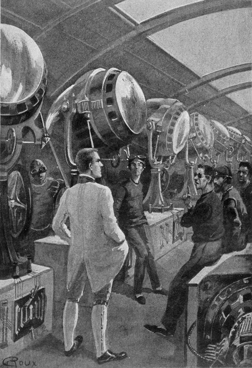 Mekanikere foran deres maskiner, tegning af Roux i "The day of an American journalist in 2889" af Jules Verne af George Roux
