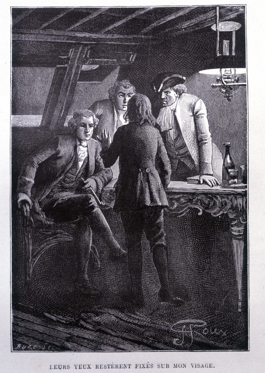 Historiescene på skibspladsen: unge Jim Hawkins foran Dr. Livesey og Chevalier Trelawney - i Stevensons "L