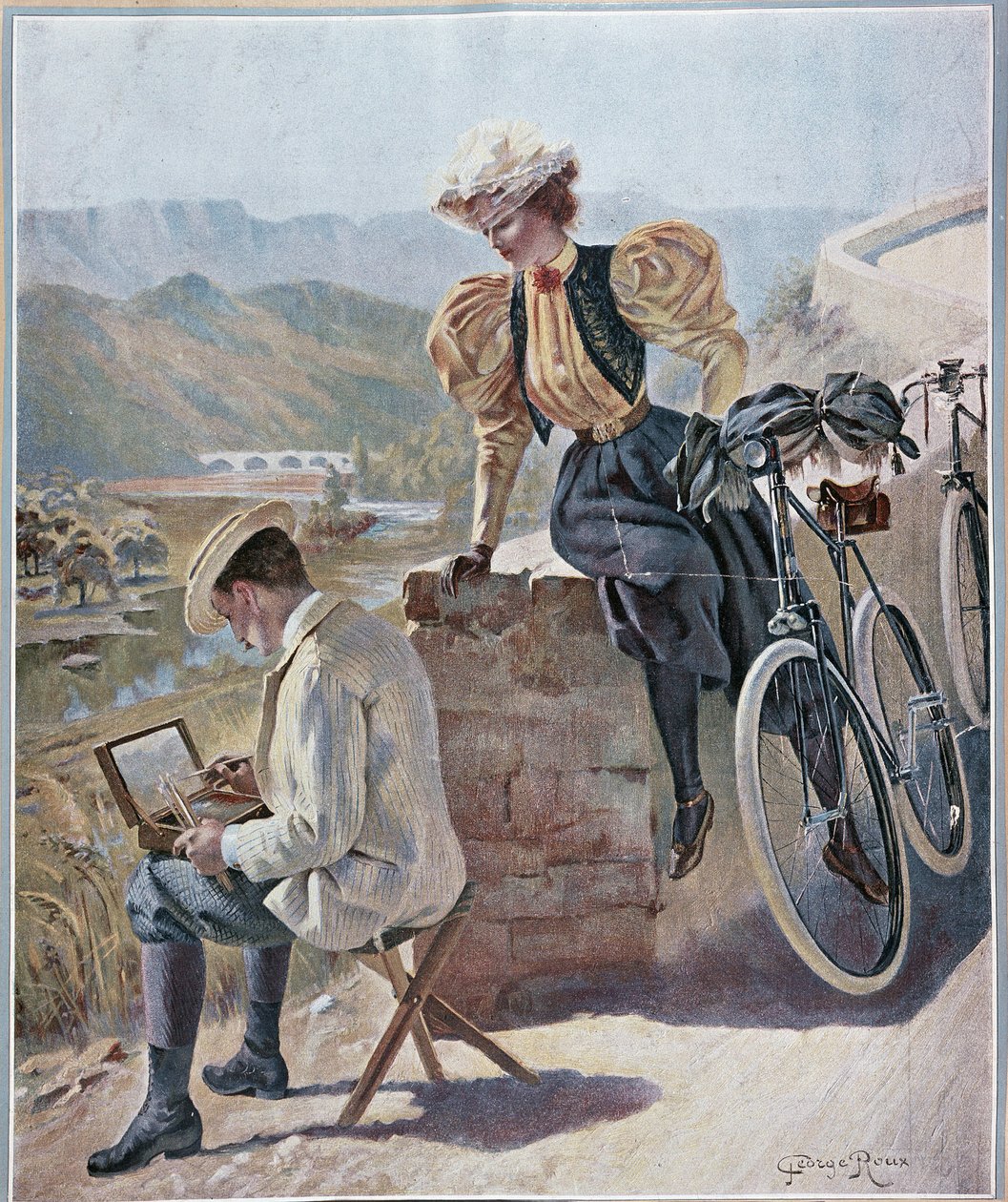 Akvarel og cykling - litografi af Georges Roux, v.1900 af George Roux