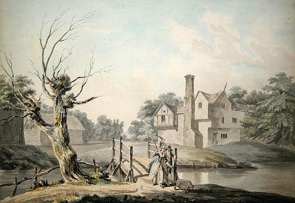 Rustikke figurer krydser en bro nær en gård (pen og blæk, blækvask og akvarel på papir) af George Samuel