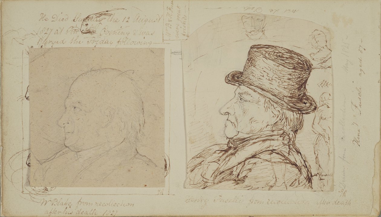 Studier af kaniner med overlejrede portrætter af William Blake og Henry Fuseli (grafit og blæk på papir) af George Samuel