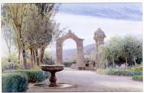 En italiensk have med et springvand og to buegange af George Samuel Elgood