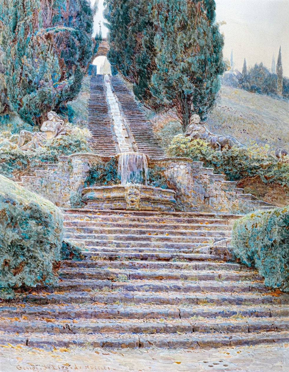 Kaskaden ved Villa Cicogna, Italien 1901 (akvarel) af George Samuel Elgood