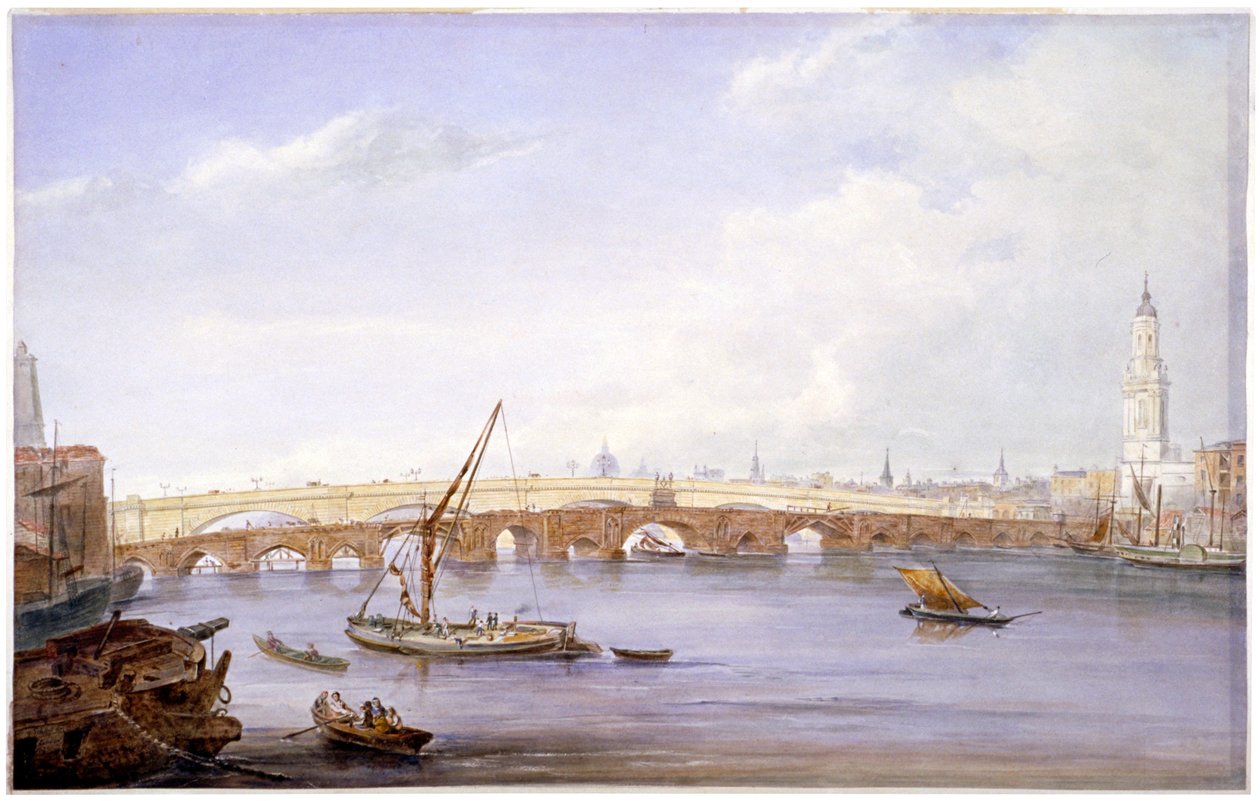 Gamle og nye London Bridges, London, 1831. af George Scharf