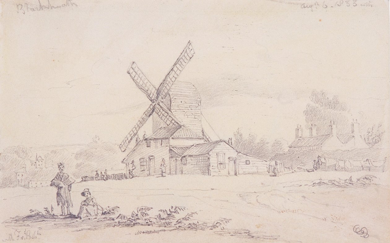 Udsigt over mølle med en vindmølle på Blackheath, Greenwich, London, 1833 af George Shepheard