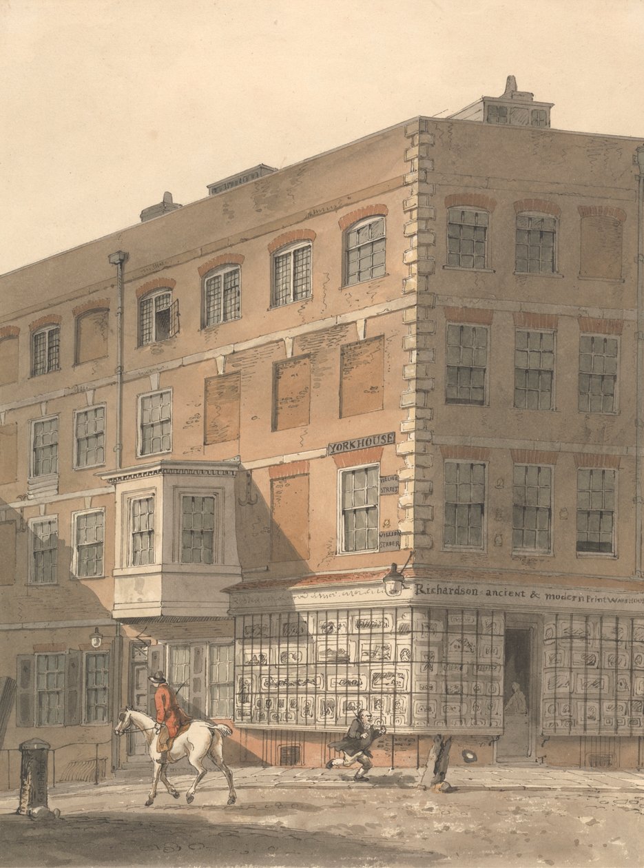 York House, hjørnet af Villiers Street og Strand, med Richardsons gamle og moderne printlager i forgrunden af George Shepheard