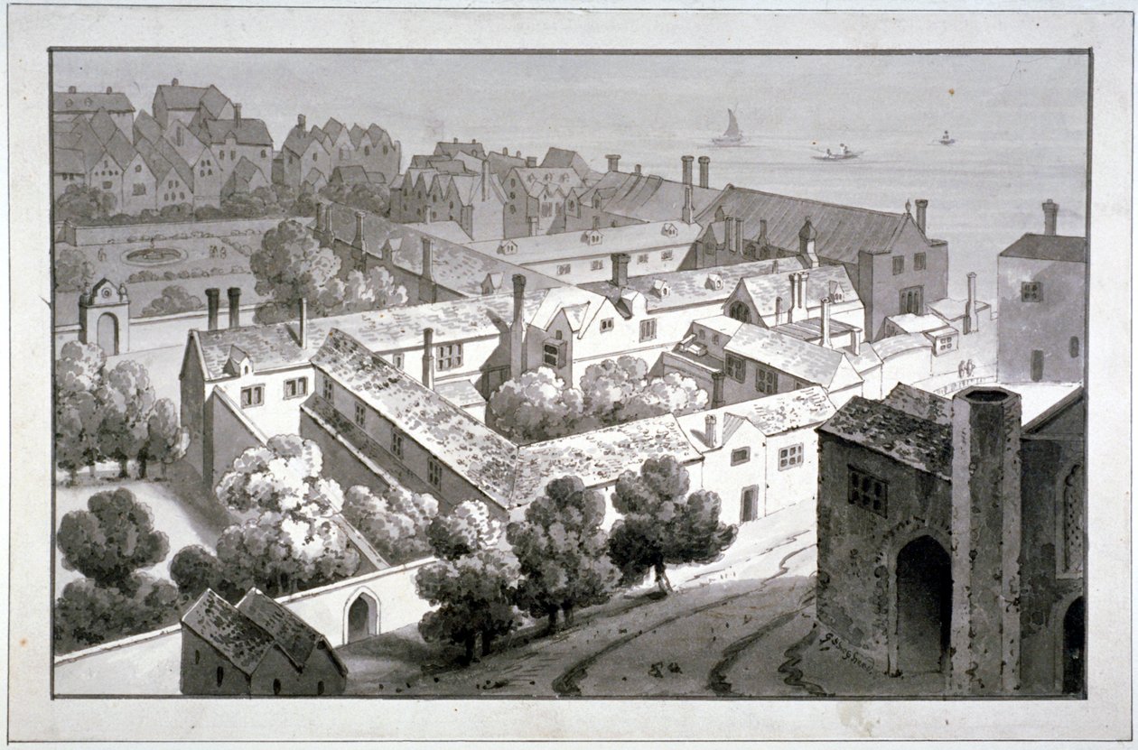Fugleperspektiv af biskoppen af Winchesters palads, Southwark, London, c1820. af George Shepherd