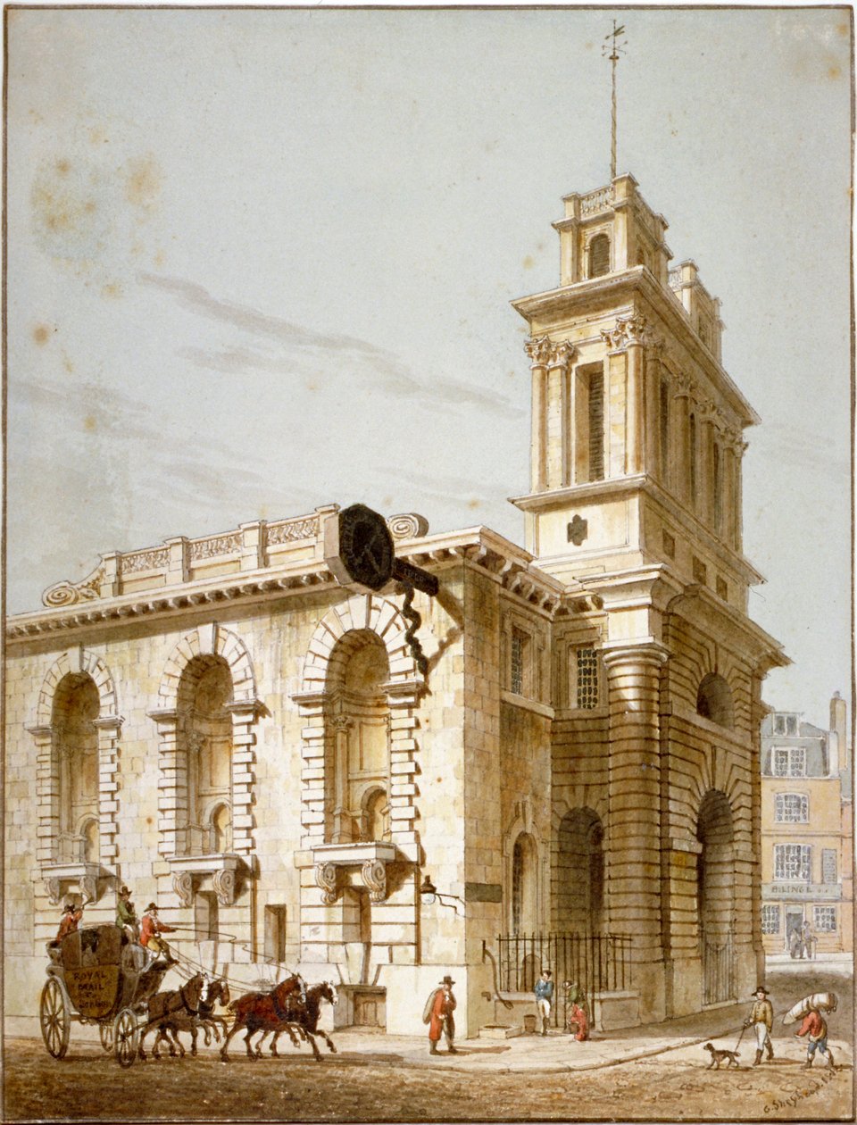 Nordvestudsigt over Church of St Mary Woolnoth, City of London, 1812 af George Shepherd