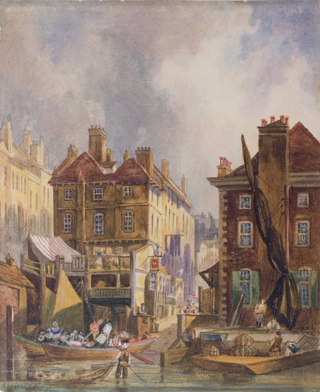 Old Hungerford Market fra floden, London, ca. 1810 af George Shepherd