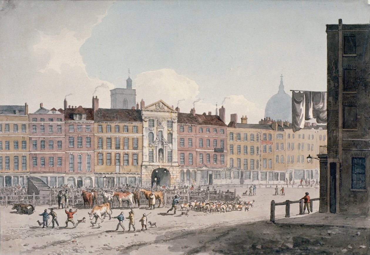 Smithfield Market, City of London, 1810. af George Shepherd