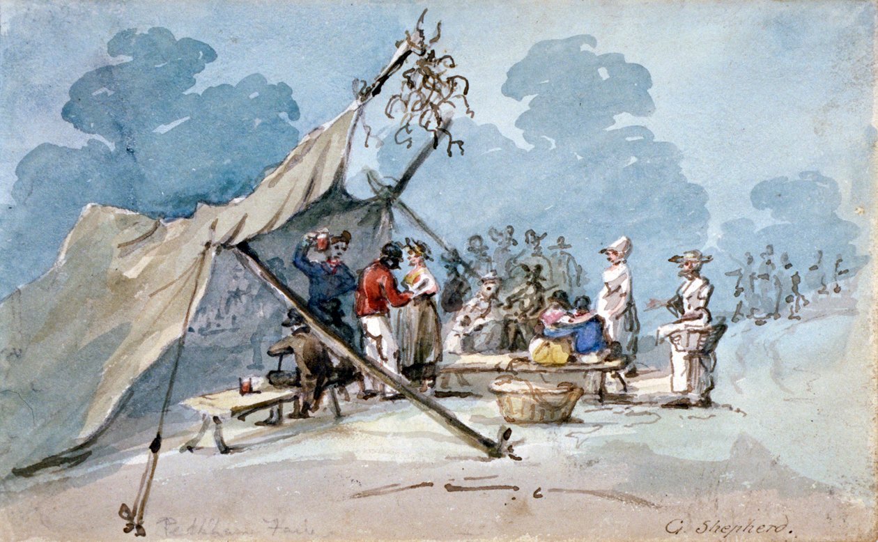 Udsigt over mennesker, der deltager i Peckham Fair, London, c1820 af George Shepherd