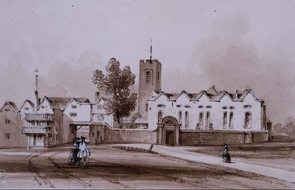 Highgate School and Chapel, ca. 1840 (vasketegning med sepia blæk) af George Sidney Shepherd