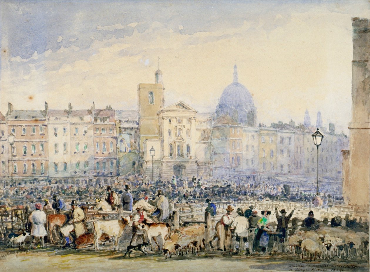Udsigt over Smithfield Market med figurer og dyr, City of London, 1824. af George Sidney Shepherd