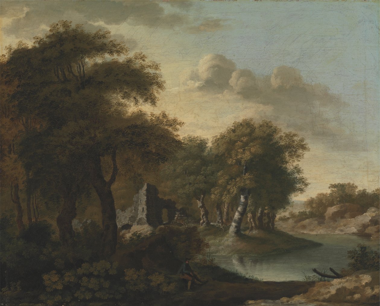 En udsigt nær Arundel, Sussex, med ruiner ved vandet af George Smith