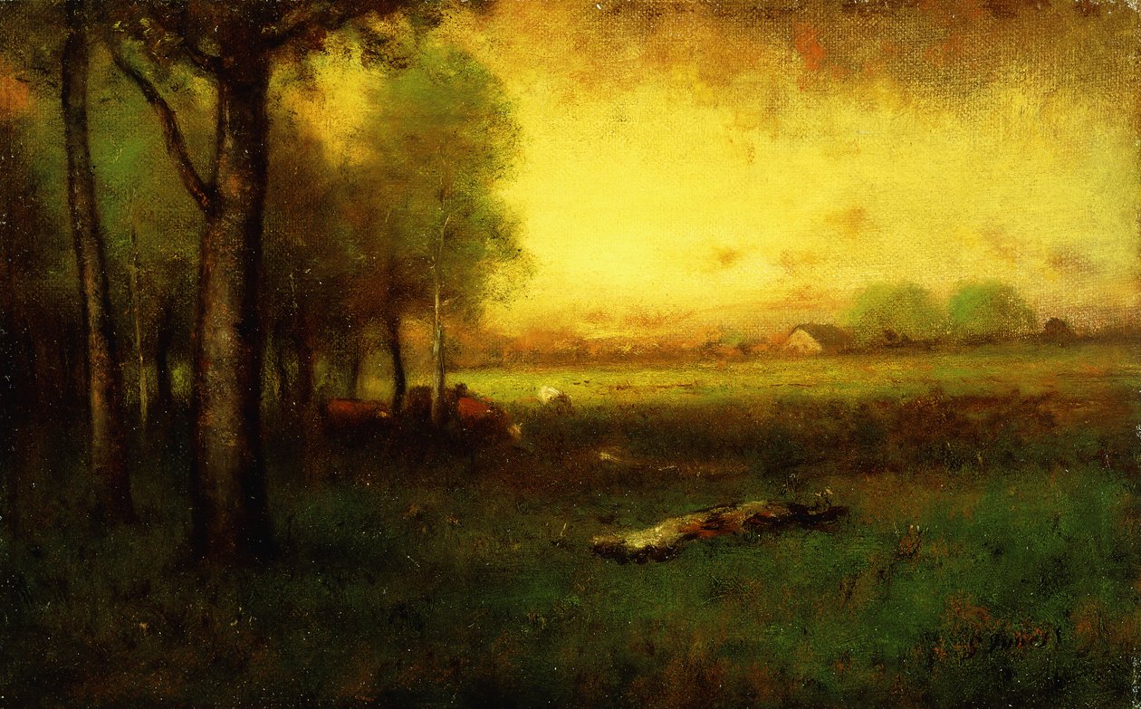 Køer græsser ved solnedgang, af George Snr. Inness