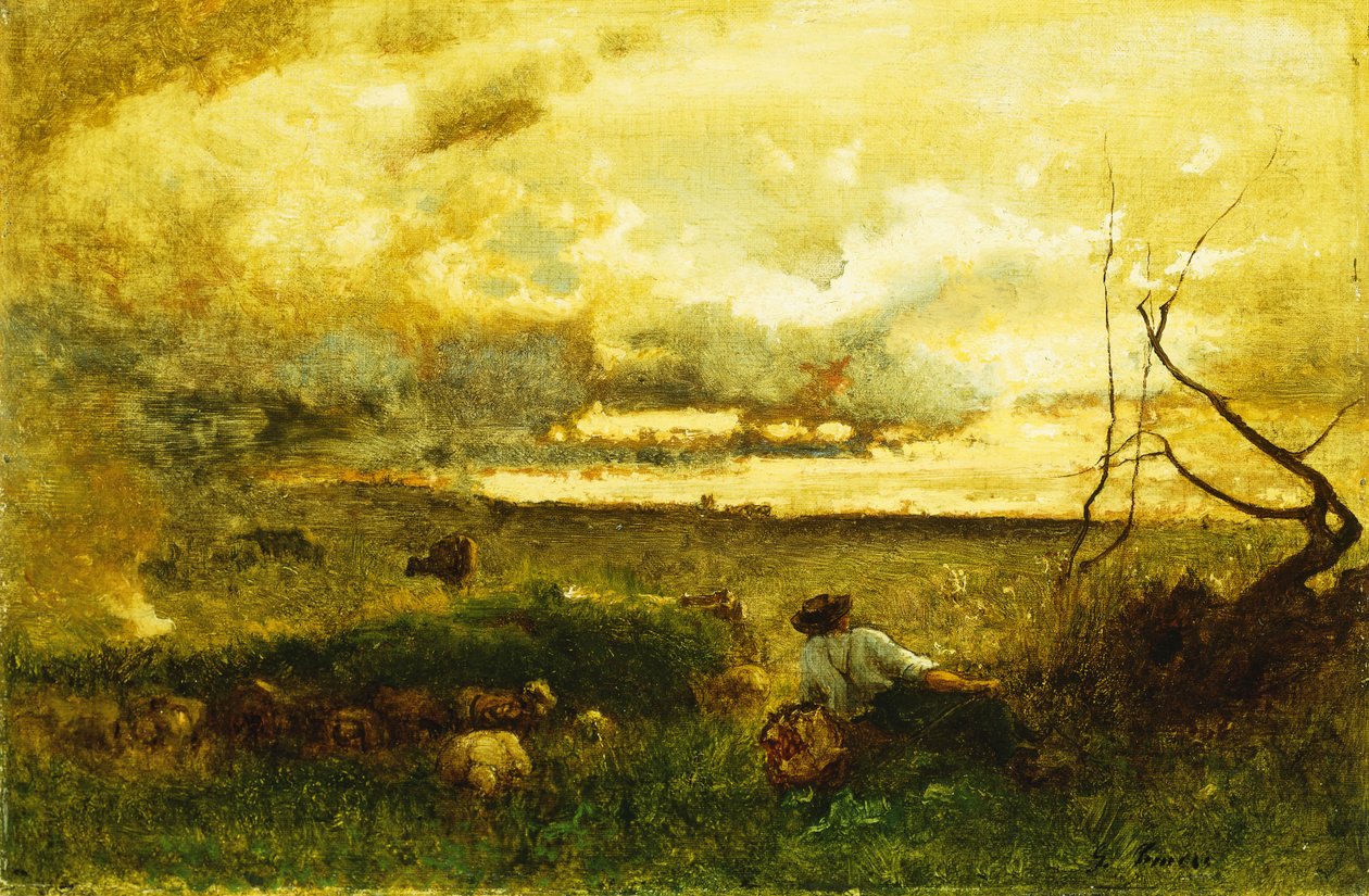 gylden solnedgang, af George Snr. Inness