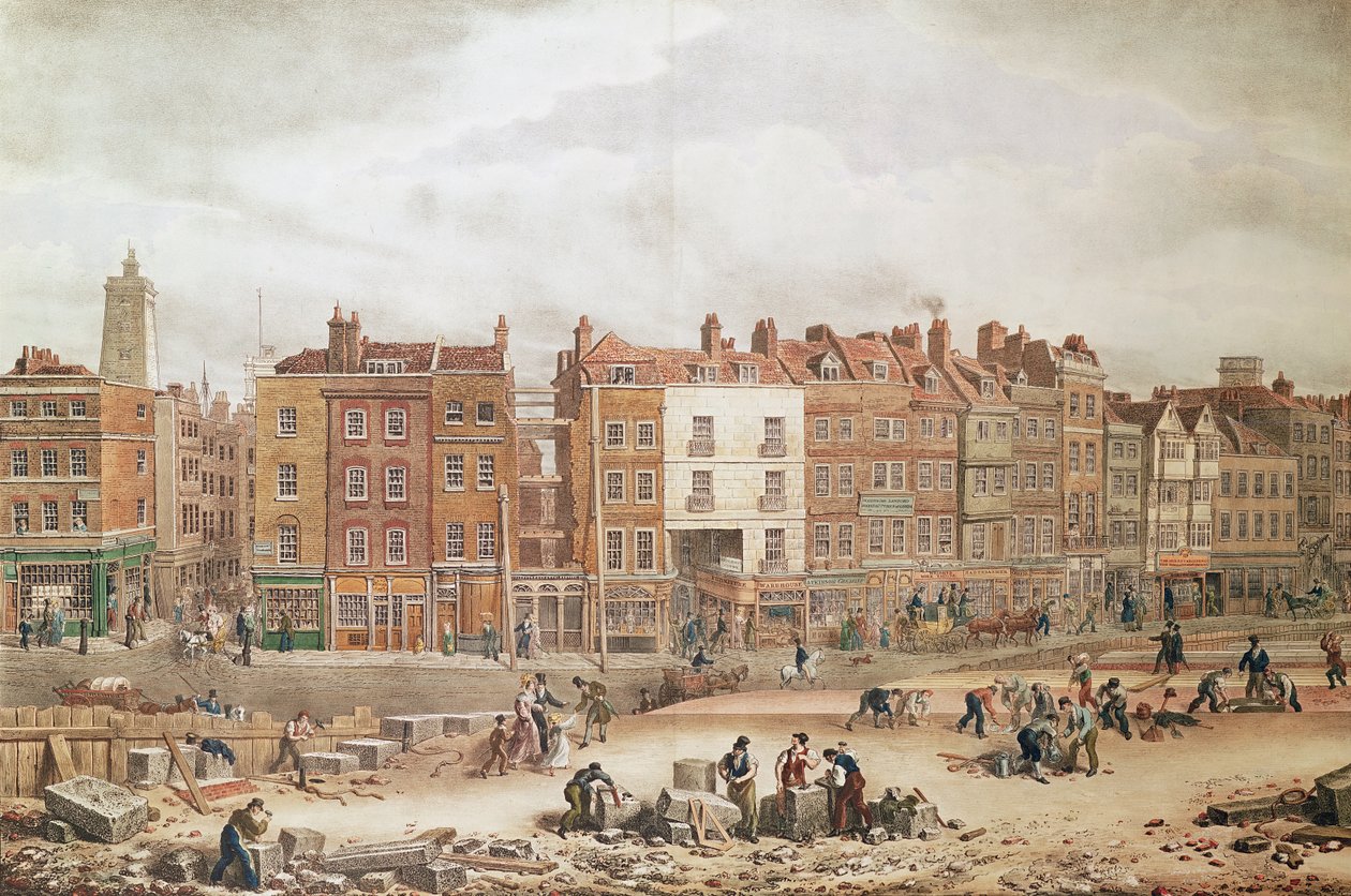 En udsigt over High Street Southwark, der er den gamle vejbane (farvegravering) af George Snr Scharf