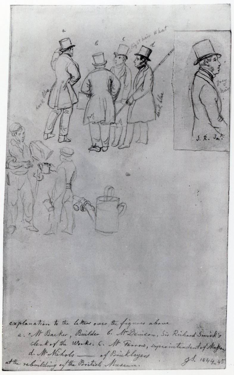 Bygherrer og landmålere ved genopbygningen af British Museum, 1844 (blyant på papir) af George Snr Scharf