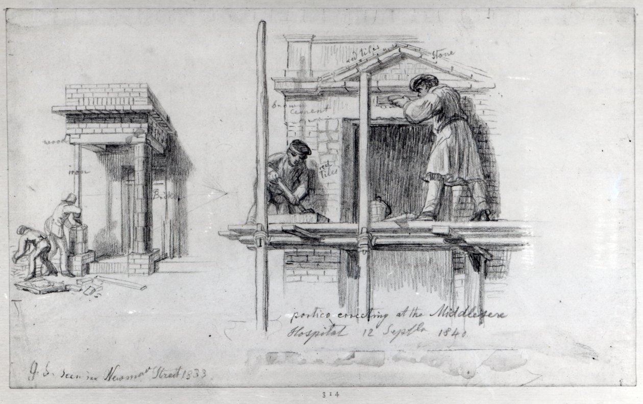 Opførelse af portikoer på Newham Street og Middlesex Hospital, London, 1833 og 1840 af George Snr Scharf