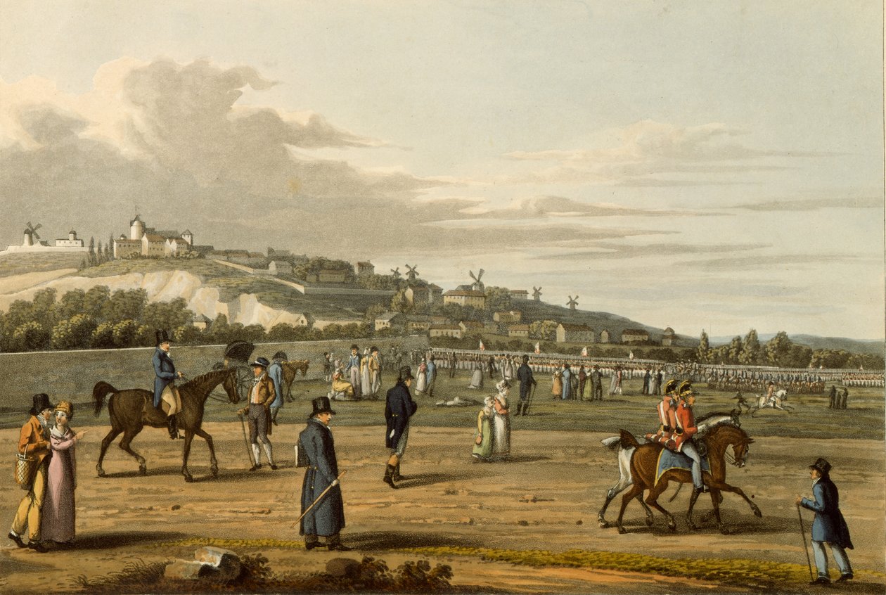 Anmeldelse af de engelske tropper i Montmartre af hertugen af Wellington, 21. oktober 1815, indgraveret af M. Dubourg, 1817 af George Snr after Scharf