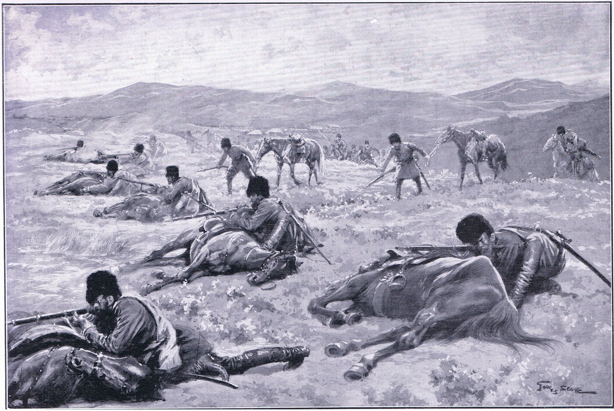 En kosak og hans hest: en anordning til at sikre dækning under en træfning, illustration fra Cassells History of the Russo-Japanese War Vol 1, ca. 1900 af George Soper