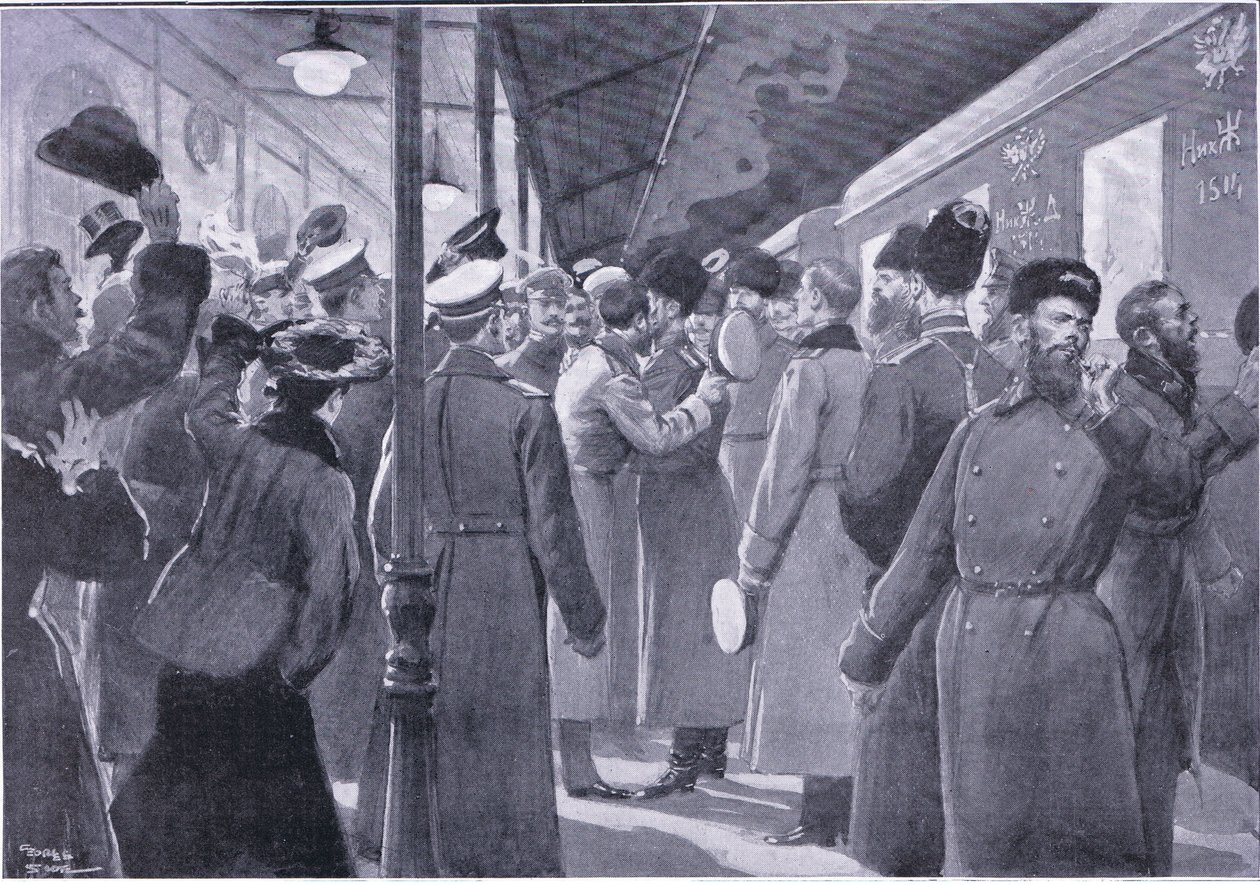 Czar siger farvel til officerer fra den kejserlige garde, illustration fra Cassells History of the Russo-Japanese War Vol 1, ca. 1900 af George Soper