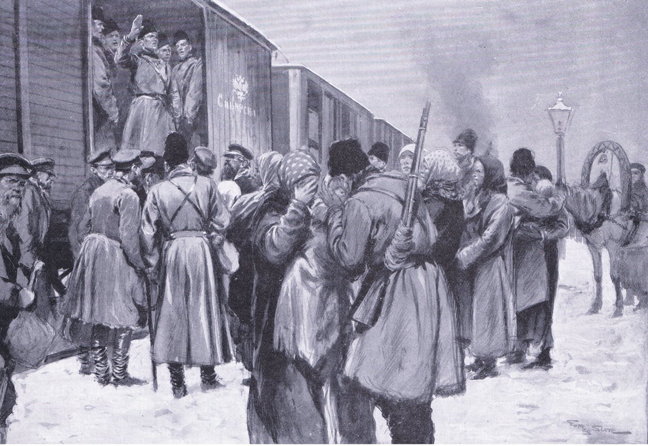 De russiske troppers afgang til Fjernøsten, illustration fra Cassells History of the Russo-Japanese War Vol 1, ca. 1900 af George Soper