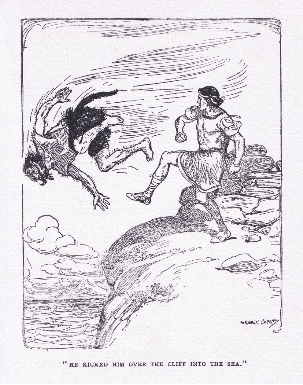 Han sparkede ham over klippen i havet, fra The Heroes udgivet af George Allen og Unwin 1929 (farve litho) af George Soper