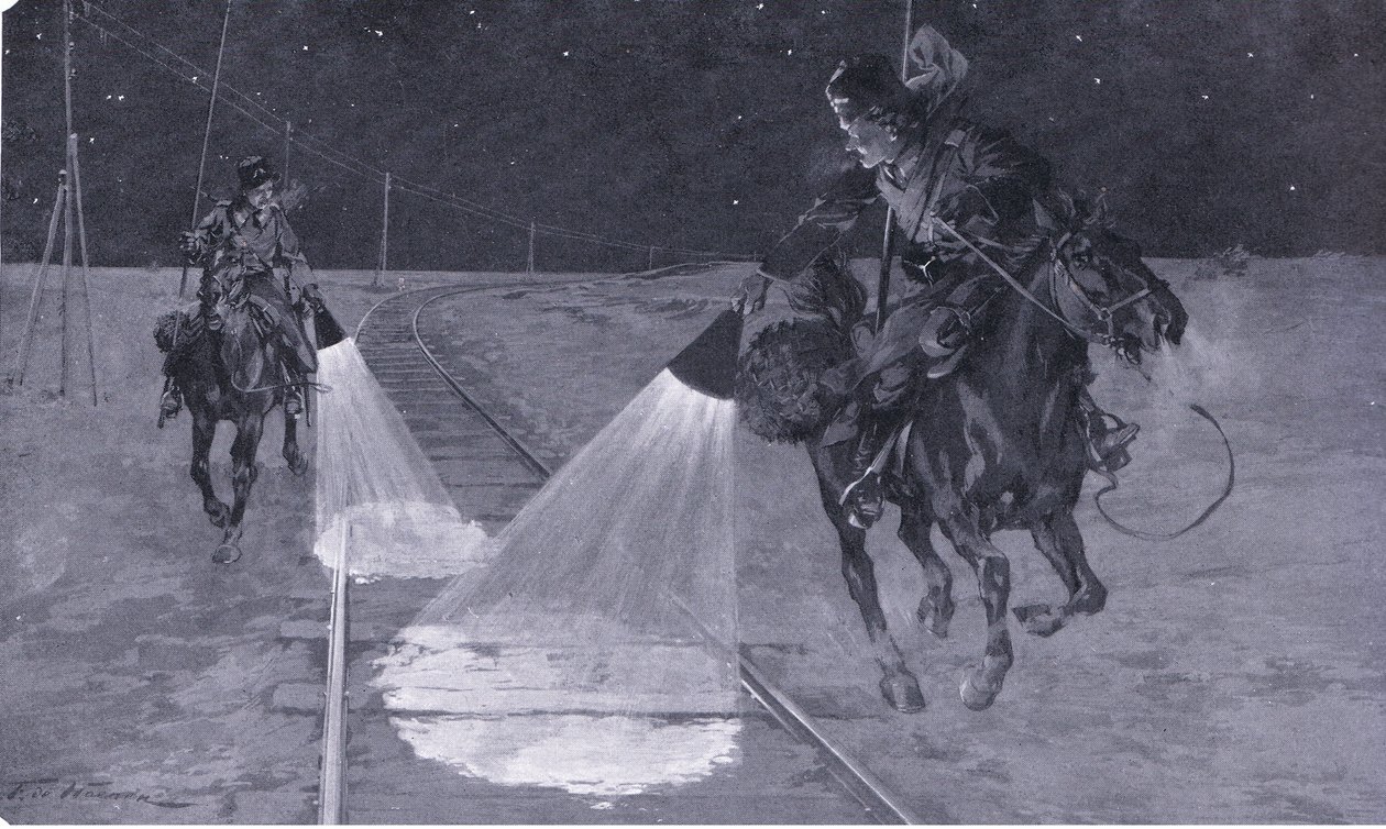 På en manchurisk jernbane: Natpatrulje, illustration fra Cassells History of the Russo-Japanese War Vol 1, ca. 1900 af George Soper