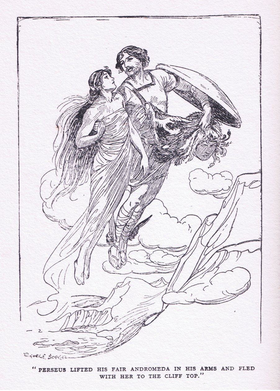 Perseus løftede sin smukke Andromeda i sine arme og flygtede med hende til klippetoppene, fra Heltene udgivet af George Allen og Unwin 1929 af George Soper