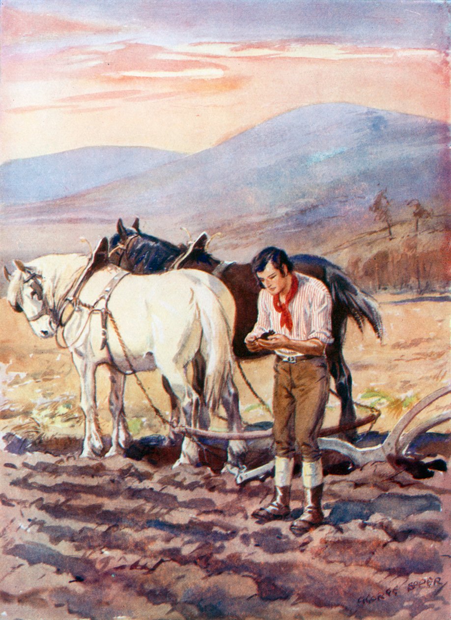 Robert Burns ved ploven (farvelitografi) af George Soper