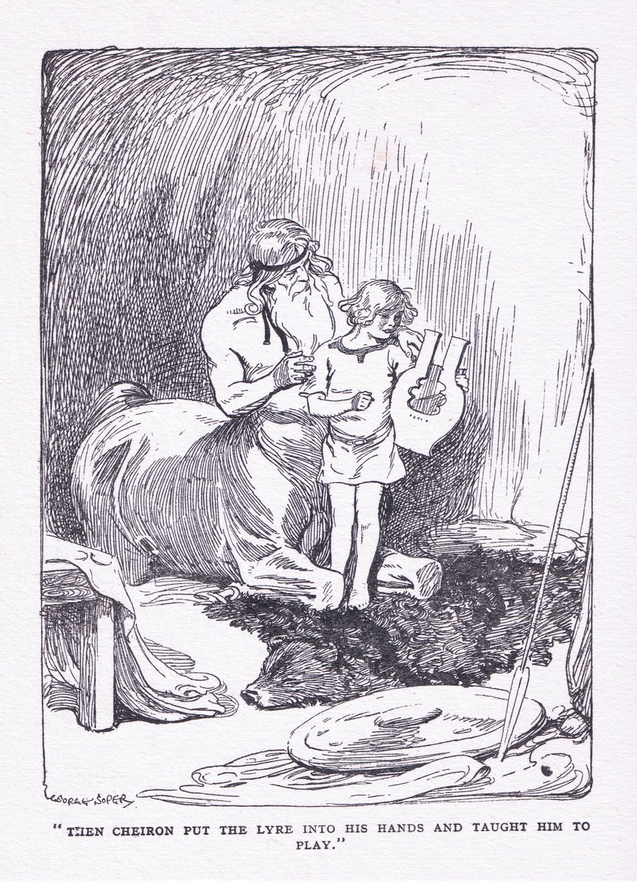 The Cheiron lagde lyren i hans hænder og bragte ham til at spille, fra The Heroes udgivet af George Allen og Unwin 1929 af George Soper